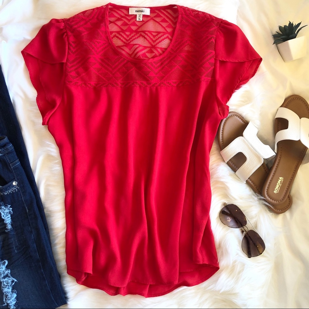 Meraki High Low Flowy Short Sleeve Red Top